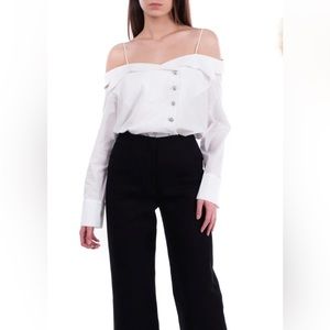 $1464 BALMAIN Off Shoulder white Shirt FR38 US6  M Branded Buttons Overlay NWT